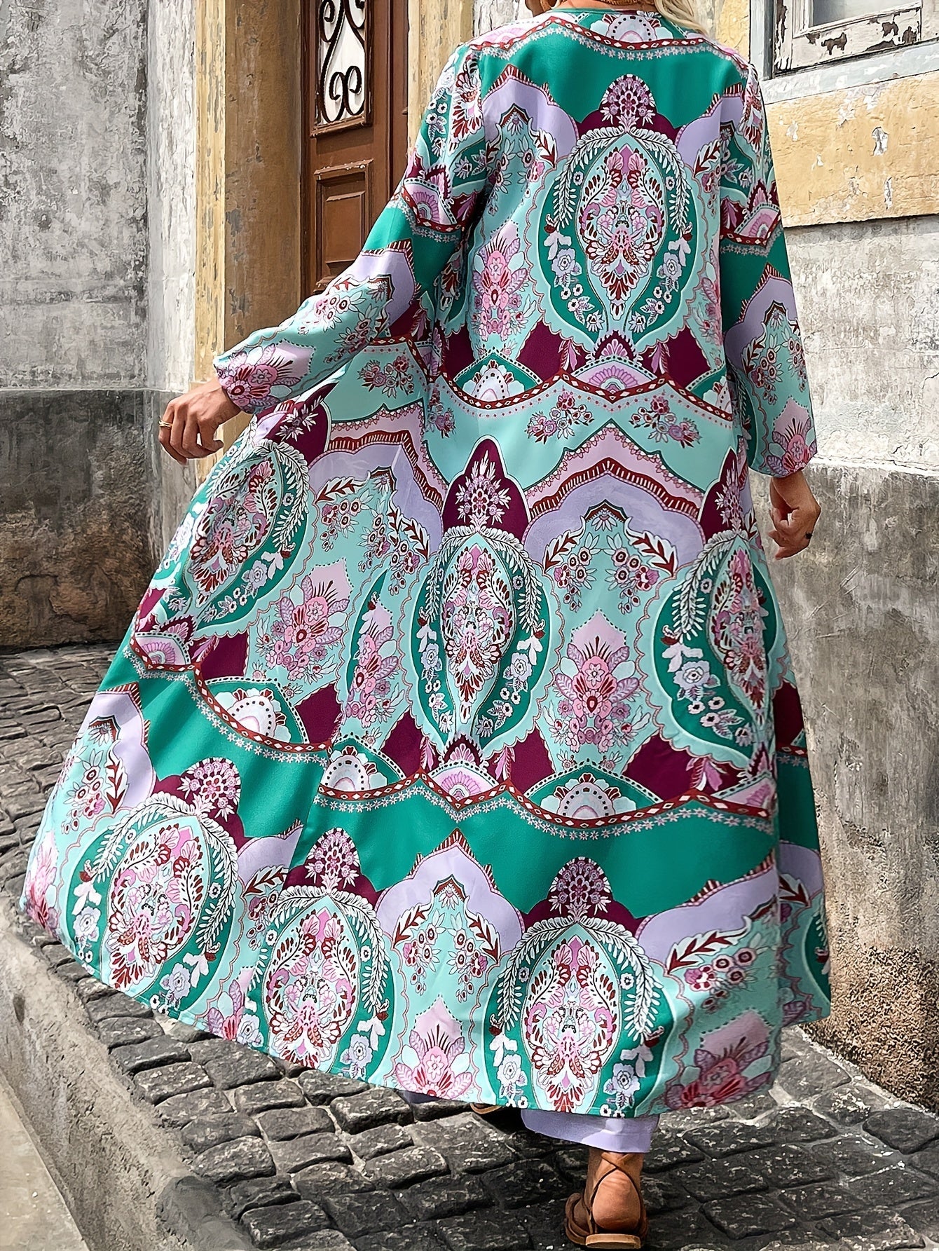 Ethnically Chic Floral Two-Piece Outfit Set - Flowy Open Front Cardigan & Wide Leg Pants - Maxi-Length Womens Fashion