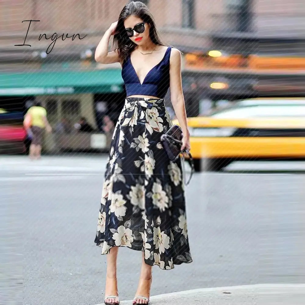 Ingvn - New Plus Size Women Chiffon Skirt Europe Fashion Bow Saia Midi Lining Jupe Femme Lace Up Falda Mujer Summer Print Floral Skirts