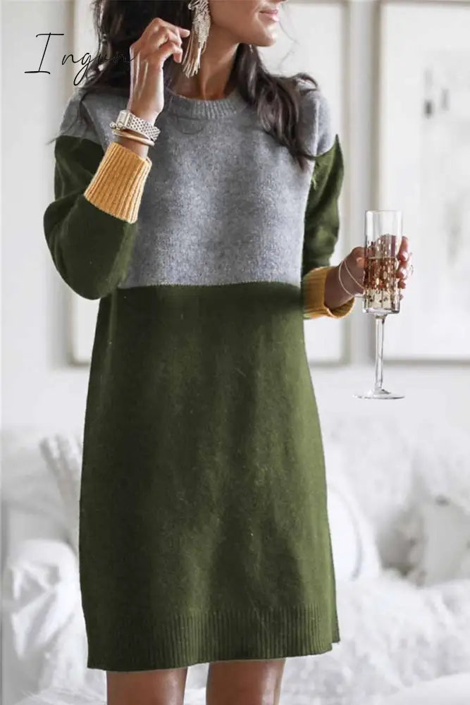 Ingvn - Loose Round Neck Paneled Mini Dress(5 Colors)