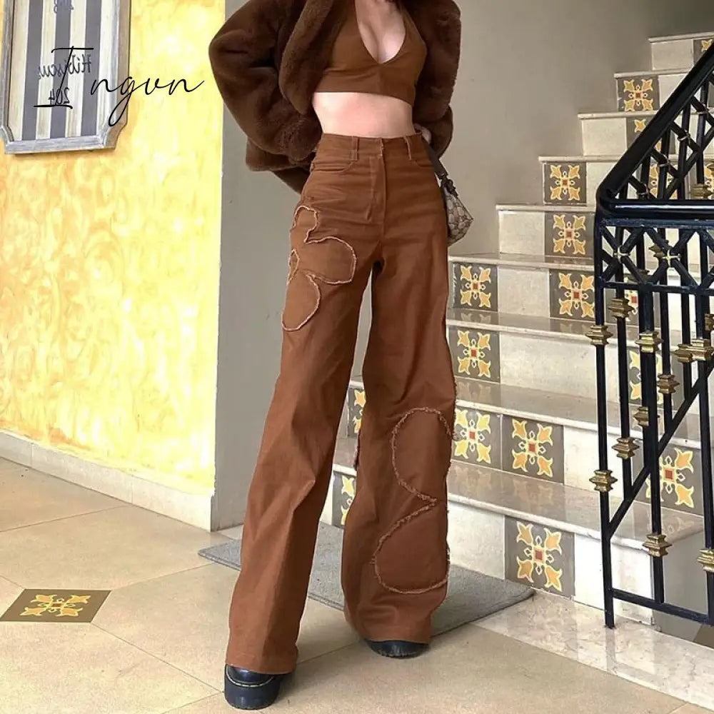 Ingvn - Brown Vintage Baggy Jeans Women 90s Streetwear