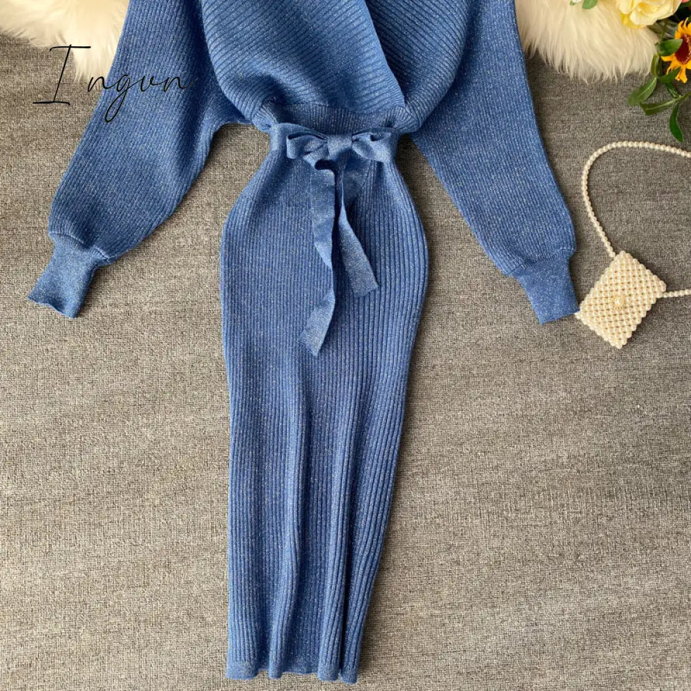 Ingvn - Women Shiny Knitted Dress Sexy V Neck Puff Sleeve Elastic Sheath Knitting Dress Autumn Solid Bow Sashes Pencil Dress