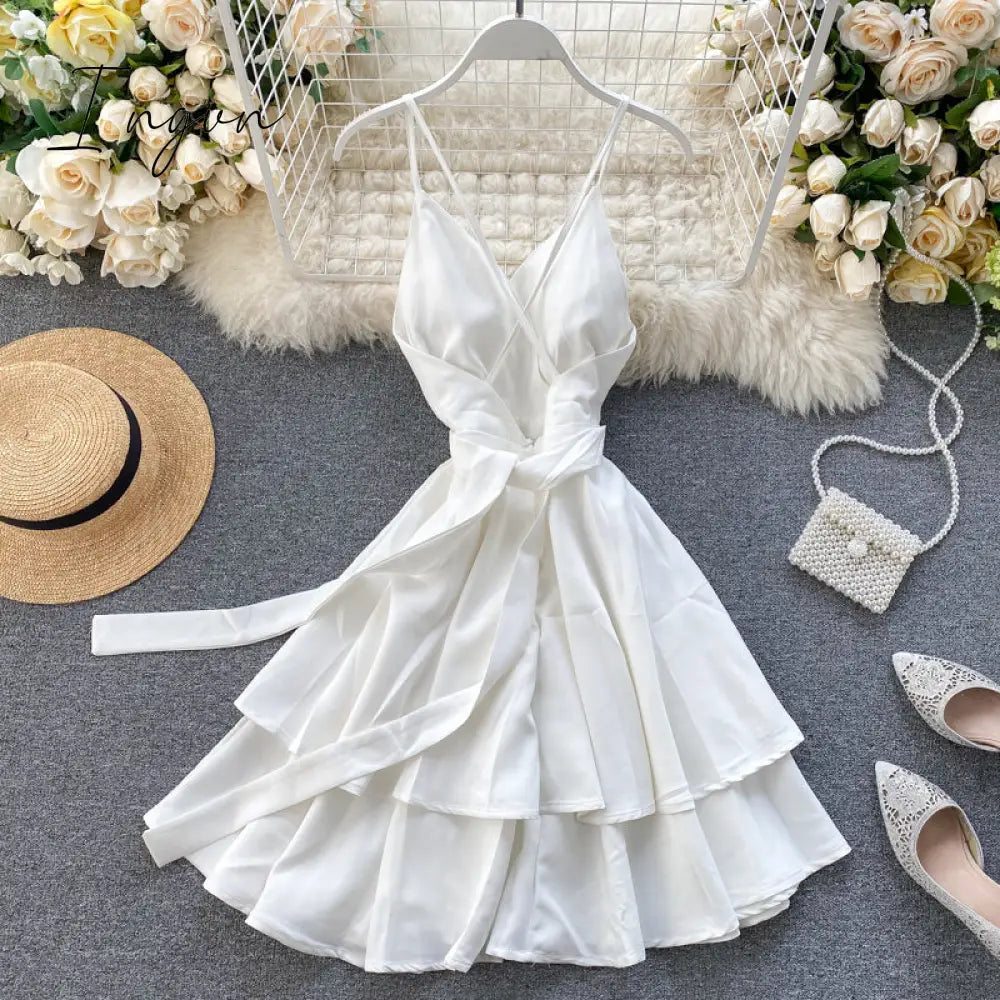Ingvn - Summer Spring Beach Holiday V-Neck Backless Lace Up Ruffles Cakes Solid Elegant Women Lady A-line High Waist Dress