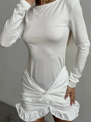 Ruffled Twist Skinny MIni Dress Women's Long Sleeve Patchwork High Waist Sexy Fashion Party Dress Female Y2k Bodycon Dress