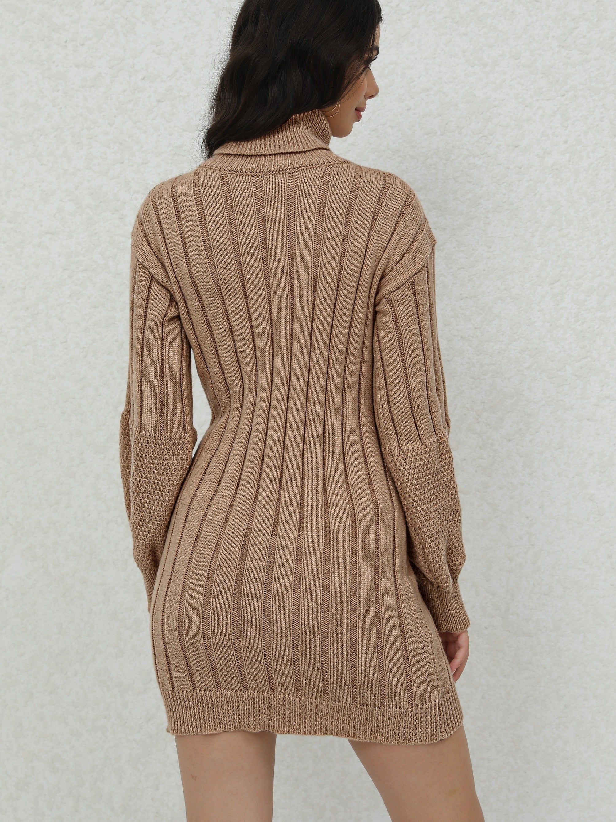 Cozy Ribbed Turtleneck Sweater Dress - Soft, Casual, Long Sleeve, Solid Color, Women's Comfortable Clothing for Daily Wear - Perfect for Fall and Winter Seasons