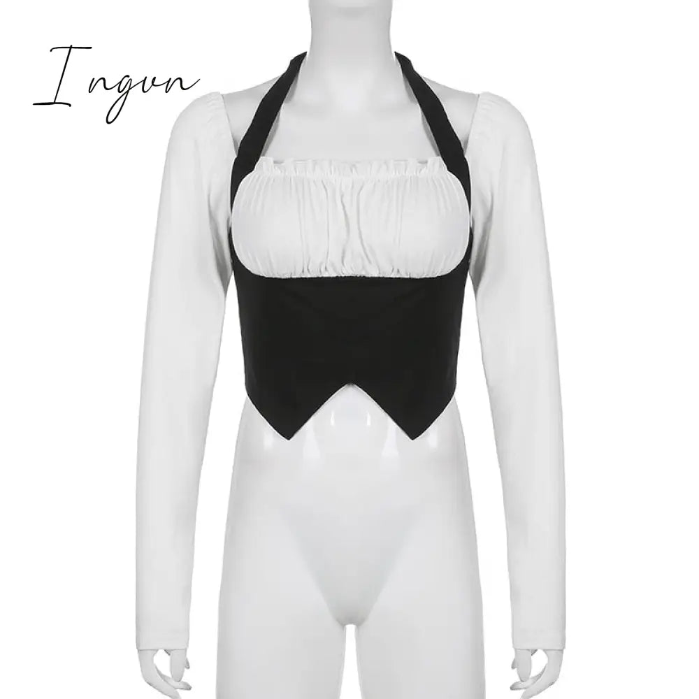Ingvn - womens fashion gifts for women Goth Dark Fairycore Grunge Patchwork Women T-shirts Gothic Bandage Milkmaid Sexy Halter Crop Tops Long Sleeve Streetwear Clothes