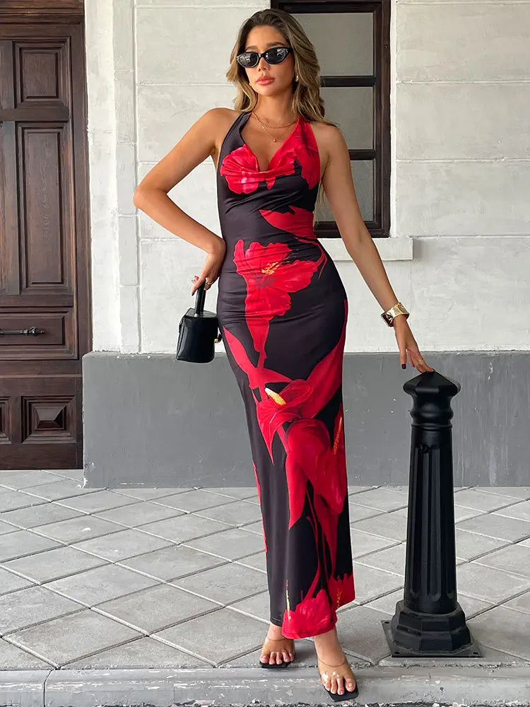 Women Neck-Mounted Maxi Dresses Summer New Streetwear Fashion Lace-up Dress Red Sexy Lady Print Backless Low Chest V-Neck Dress