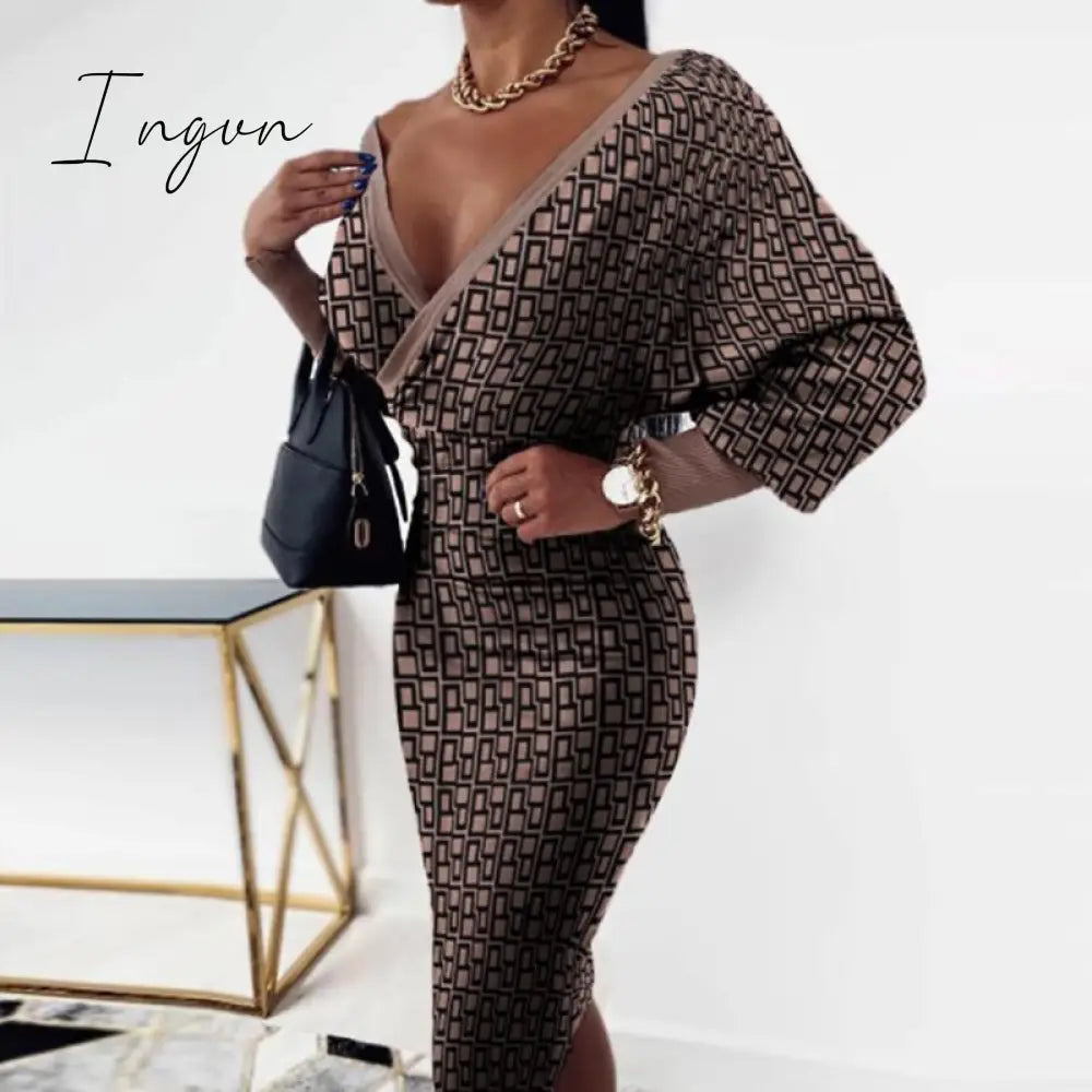 Ingvn - Women Deep V-Neck Striped Plaid Party Dress Long Sleeve Spring Autumn Casual Ladies Hip Dress Skinny Sweet Streetwear Vestidos