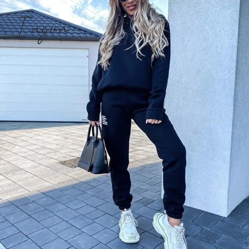 Ingvn - Women Fleece Letter Print Two Piece Set Casual Long Sleeve Hoodie Sweatshirts And Jogging Pants Suits Loose Female Tracksuits