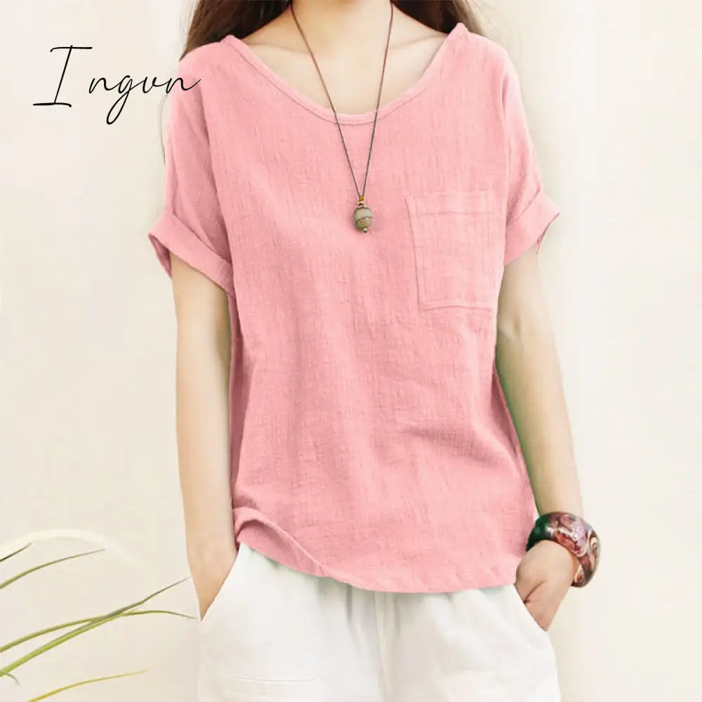 Ingvn - Green Loose Cotton Linen Blouse Oversize 5XL Blouses Women 2023 Summer Shirts Casual Short Sleeve O Neck Solid Shirt Lady Tops