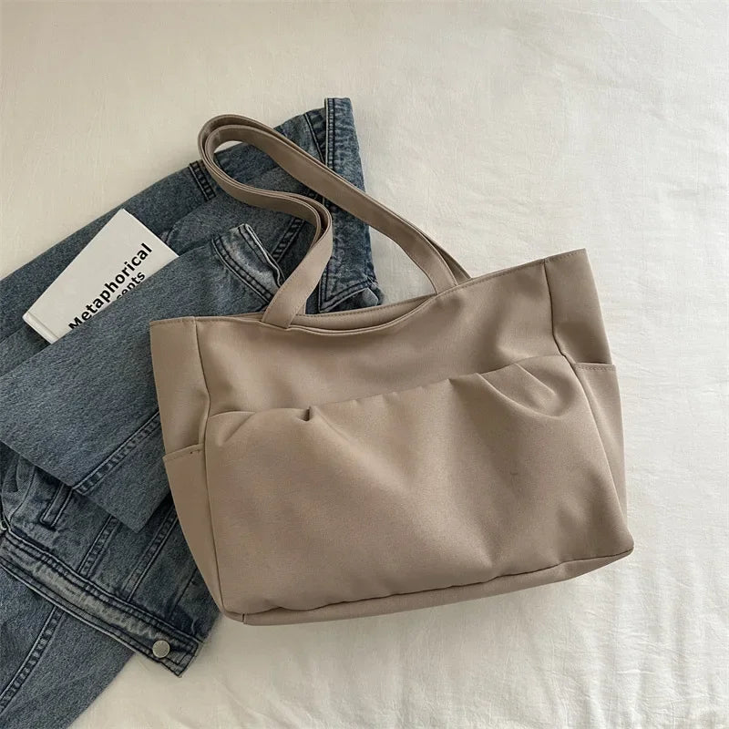 Ingvn  Casual Early Autumn Women Nylon Large Capacity Smooth Shoulder Bag Commuter Supple Solid Colour Ruched Outer Pocket Handle Bag