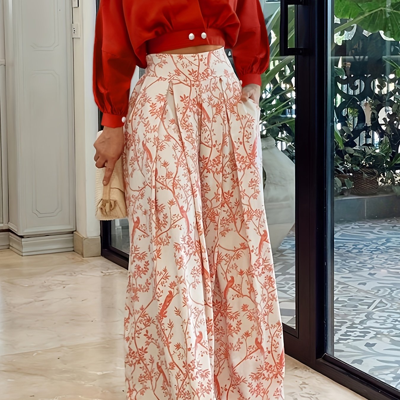 Two-Piece Casual Outfit Set - Surplice Neck Solid Color Top with Adjustable Straps & Wide Leg Floral Print Pants - Comfortable Womens Clothing for Daily Wear
