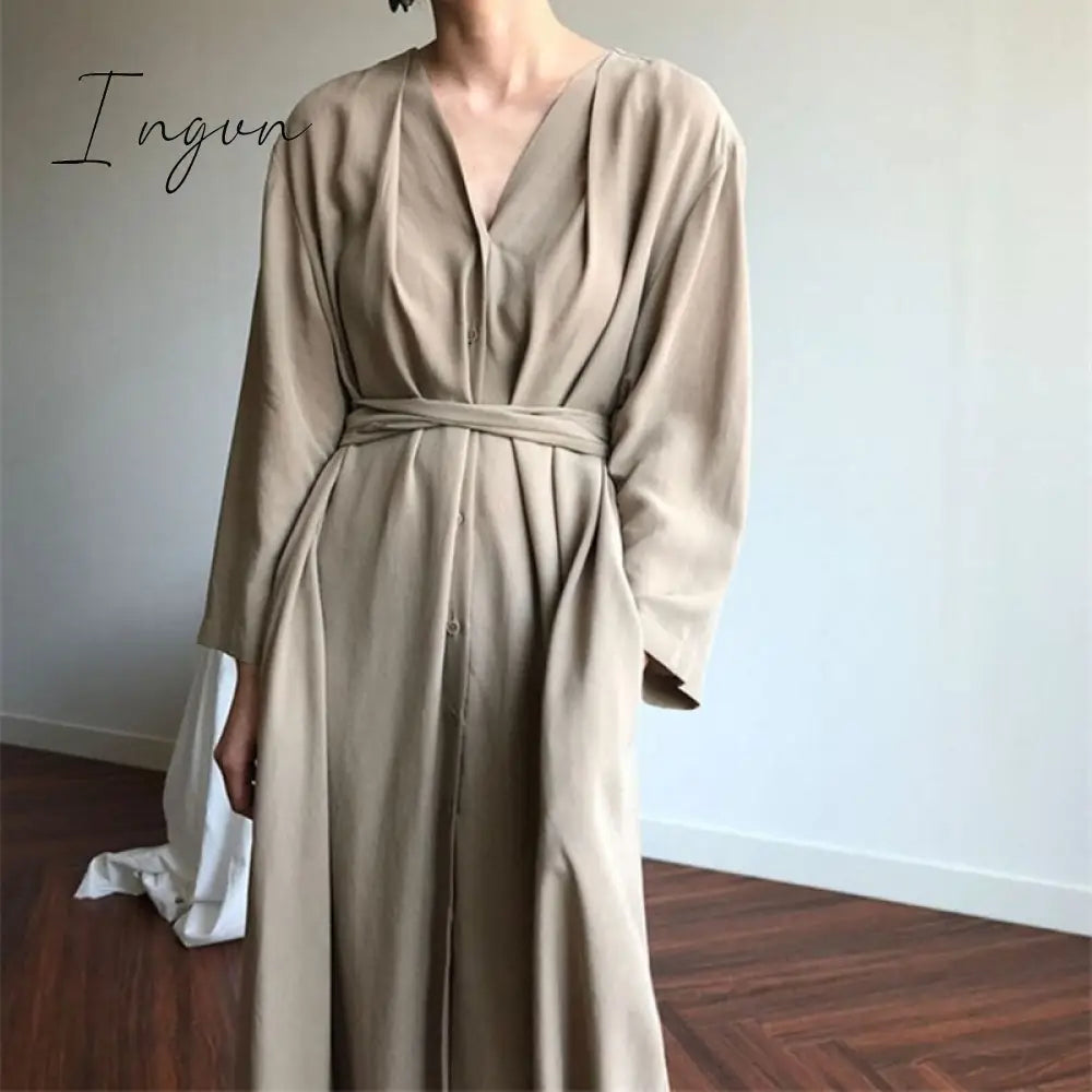 Ingvn - New Lace Up Buttons Women Spring Summer Dresses Fashionable V-Neck Vintage Oversized Lady Pure Long Dress DR1150