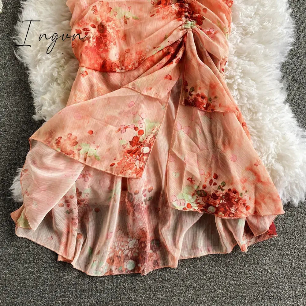 Ingvn - Vintage V-Neck Printed Chiffon Drawstring Mermaid Midi Dress Women Elegant High Waist Ruffle Vestidos Fashion Spring Summer