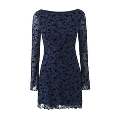 Niche French Style Retro Hot Girl Flocking Pattern Horn Sleeve Long Sleeve Slim-fit Hip Sexy dress Skirt for Autumn