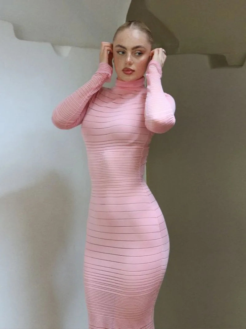 Ingvn  Autumn Winter Striped See-through Knitted Long Dress Streetwear Sexy Women's Half High Collar Bodycon Evening Party Dresses