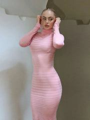 Ingvn  Autumn Winter Striped See-through Knitted Long Dress Streetwear Sexy Women's Half High Collar Bodycon Evening Party Dresses