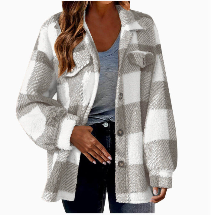 Autumn and Winter Open Button Lapel Plush Plaid Coat Plaid Pattern Button Front Jacket Warm