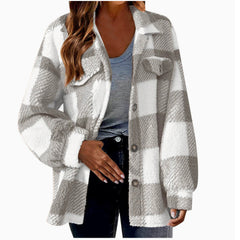 Autumn and Winter Open Button Lapel Plush Plaid Coat Plaid Pattern Button Front Jacket Warm