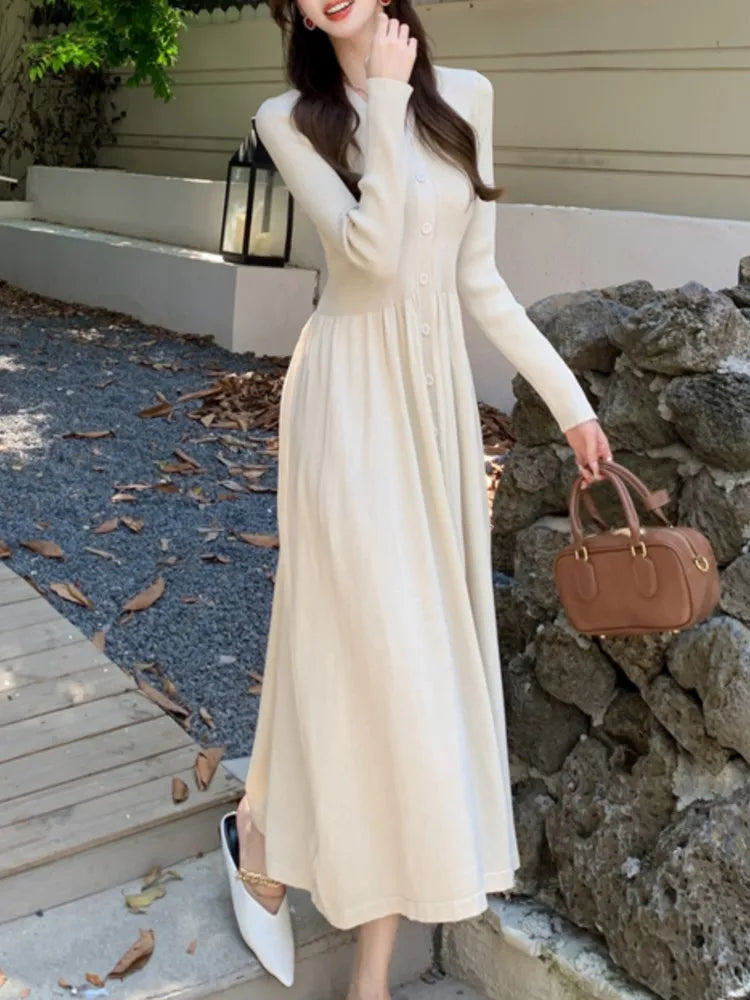 Autumn Vintage Knitted Dress for Women Elegant Single Breasted V-Neck Long Sleeves A-Line Party Dresses Slim Waist Vestidos New
