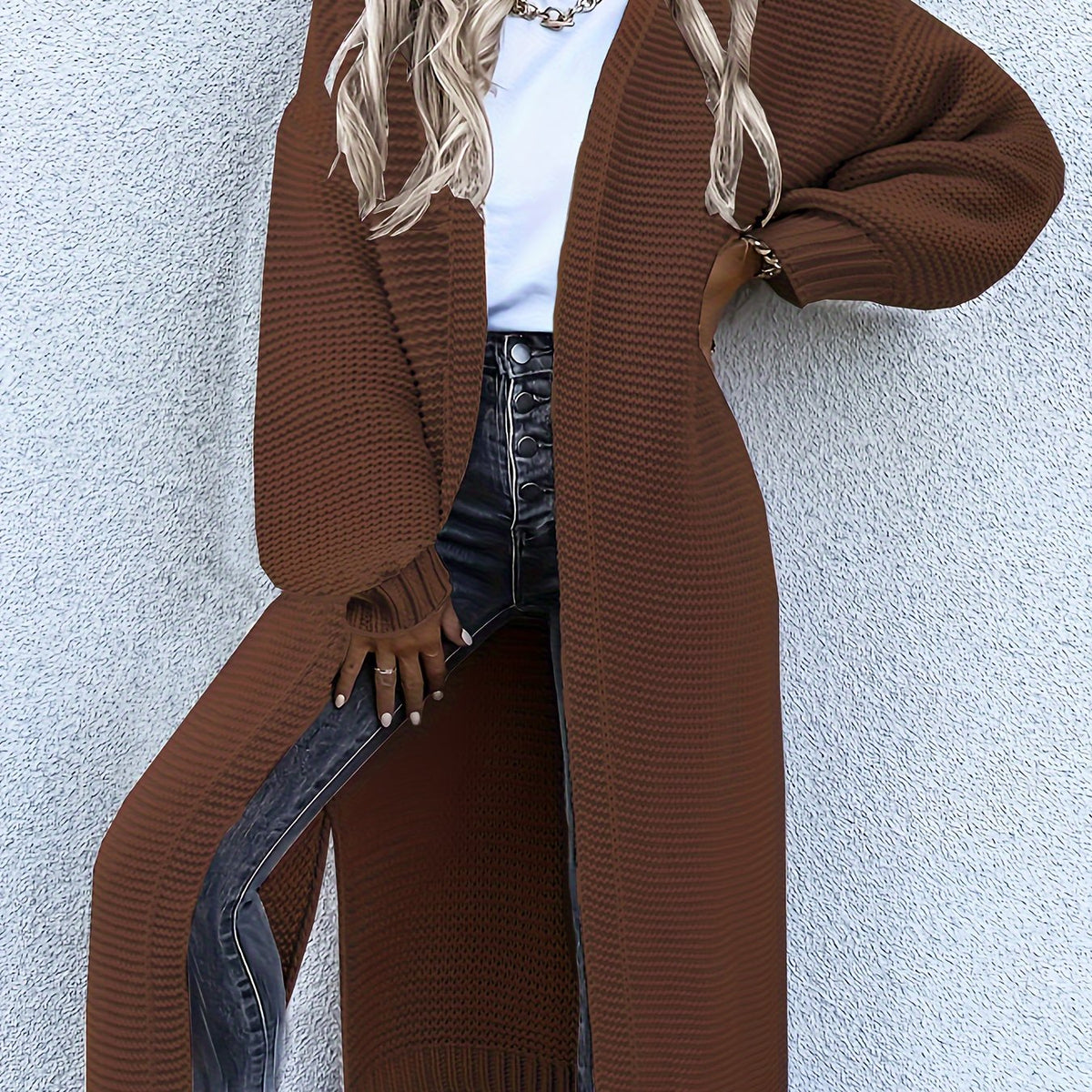 Women's Stylish All-Season Cardigan - Durable Knit with Chic Solid Color, Micro Elasticity, Open Front, and Side Splits