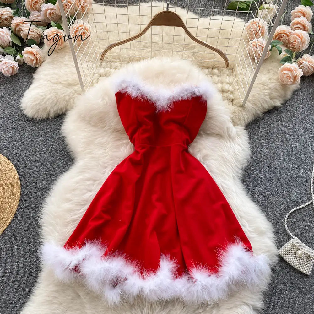 Ingvn - Gifts For Women Elegant Dress For New Year Strapless Backless Furry Sexy Short Mini Christmas Dress Navidad Red Party Dress Femme