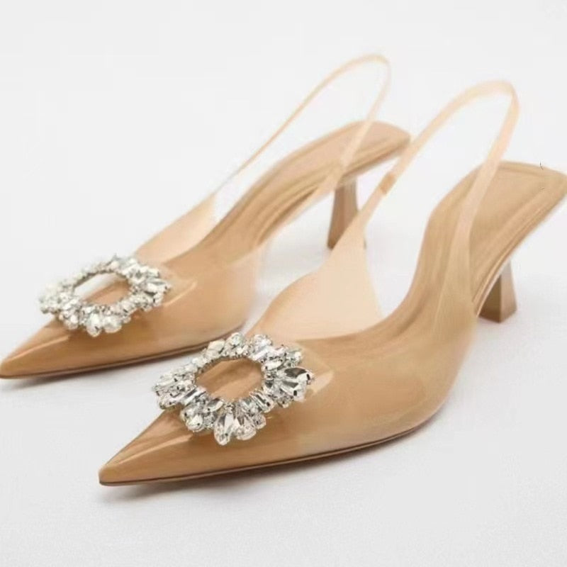 Women High Heels Shoes WSL TRAF ZA Summer Pointed Rhinestones Leopard Print Pump Fashion Travel Stiletto Sandal Woman Shoes