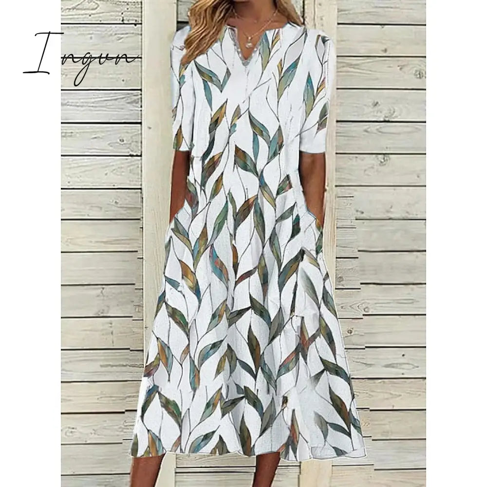 Ingvn - Women's Casual Dress Shift Dress Midi Dress White Blue Half Sleeve Leaf Print Summer Spring V Neck Classic Vacation 2023 S M L XL XXL 3XL