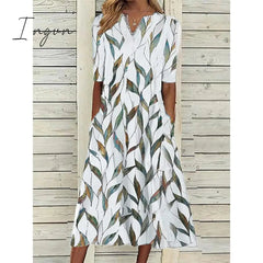 Ingvn - Women's Casual Dress Shift Dress Midi Dress White Blue Half Sleeve Leaf Print Summer Spring V Neck Classic Vacation 2023 S M L XL XXL 3XL