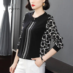 Ingvn - Print Patchwork O-neck Long Sleeved Skinny T-shirt Top Fashion Casual Elegant Popularity Wild Spring Autumn New Women's Clothing