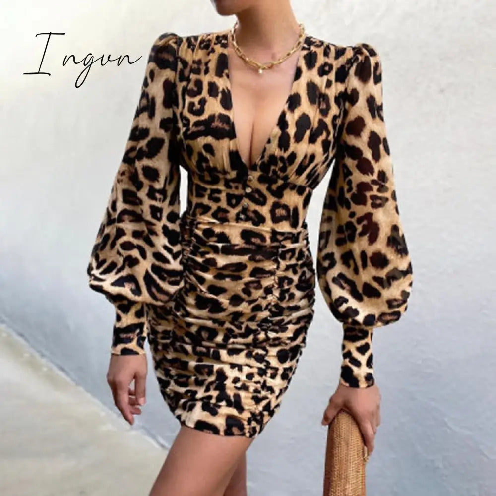 Ingvn - Women Sexy Deep V Neck Floral Print Long Lantern Sleeve Ruched Dress Summer Elegant Female Bodycon Party Dress Vestido