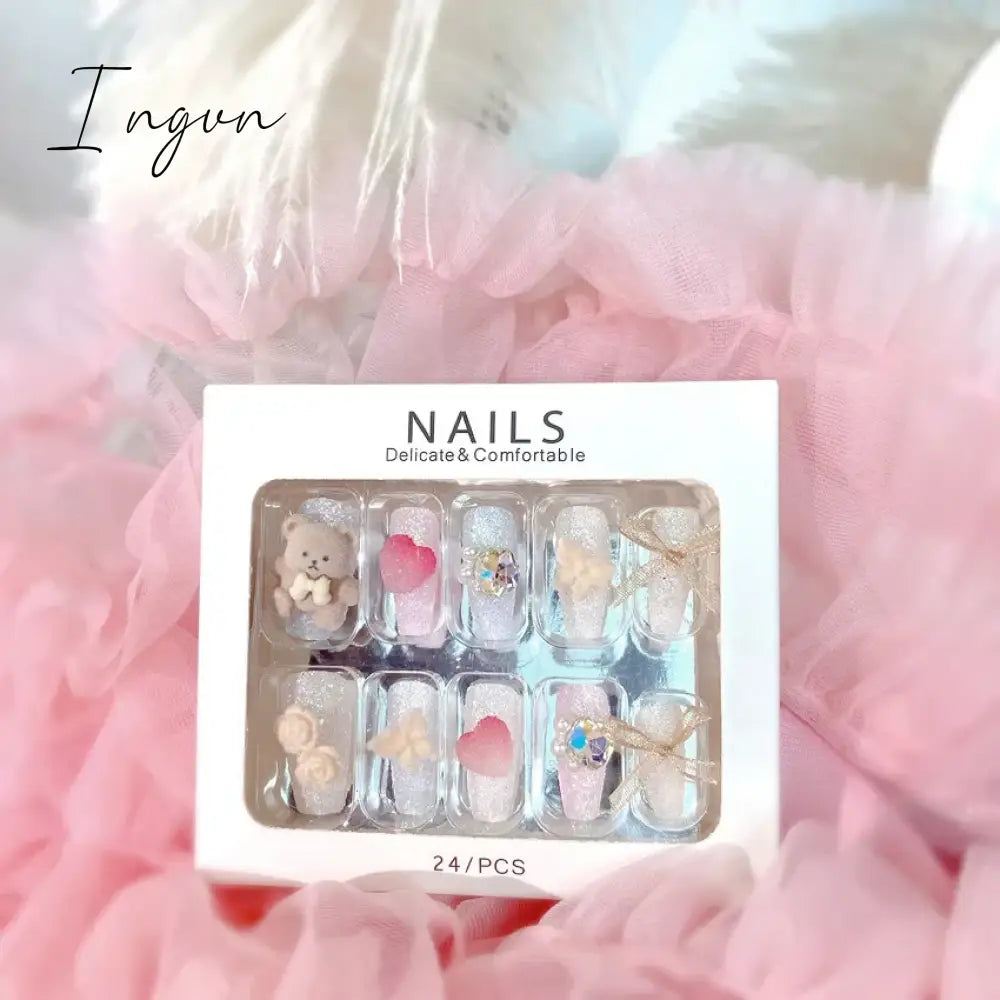 24PCS/Set Long Oval False Nails 3D Heart Sparkling French Press On Nails Pink Full Cover Fake Nail Crystal Gem Design Nails Tips