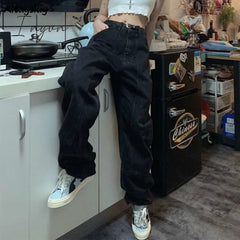 Ingvn - Retro Jeans Women Harajuku Vintage Black Street BF Style Chic College Teens Streetwear All-match Loose Fashion Femme Trousers
