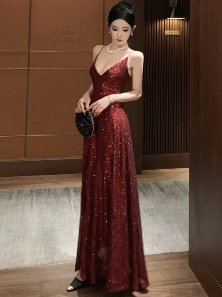 Sexy Slim Evening Gown Luxury Dresses Women's Backless V-Neck Split Maxi Dress Fashion Robe Birthday Party Spring Autumn New