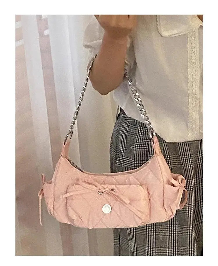 INGVN  Elegant Pink Shoulder Bag for Women Summer Fashion Leather Casual Cute Handbag Chains Hot Girls Daily Gentle Armpit Bag