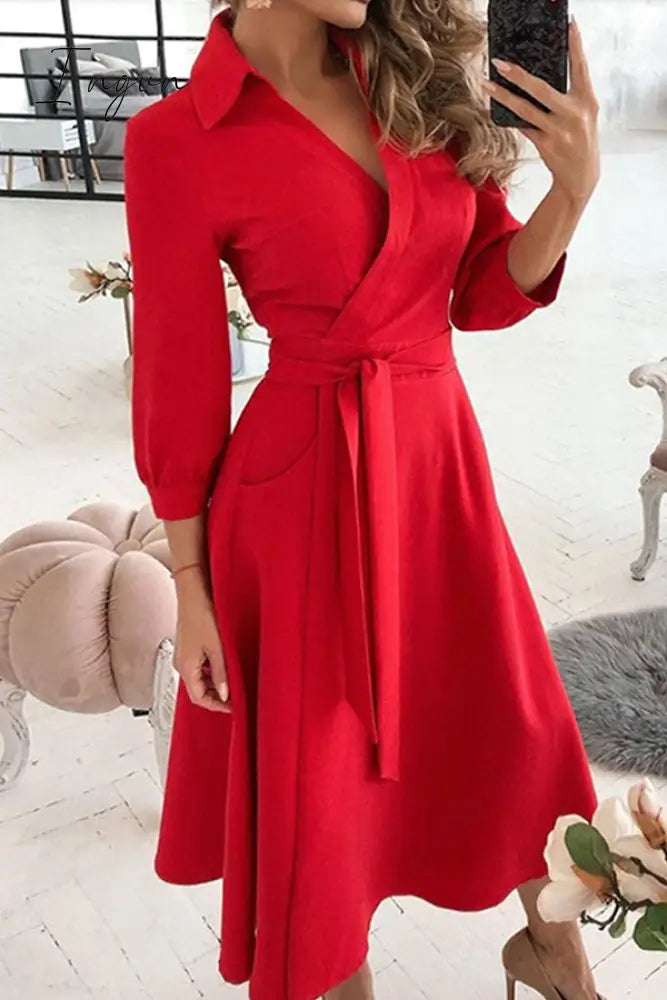 Ingvn - Fashion Elegant Print Solid Patchwork Frenulum V Neck A Line Dresses(10 Colors)
