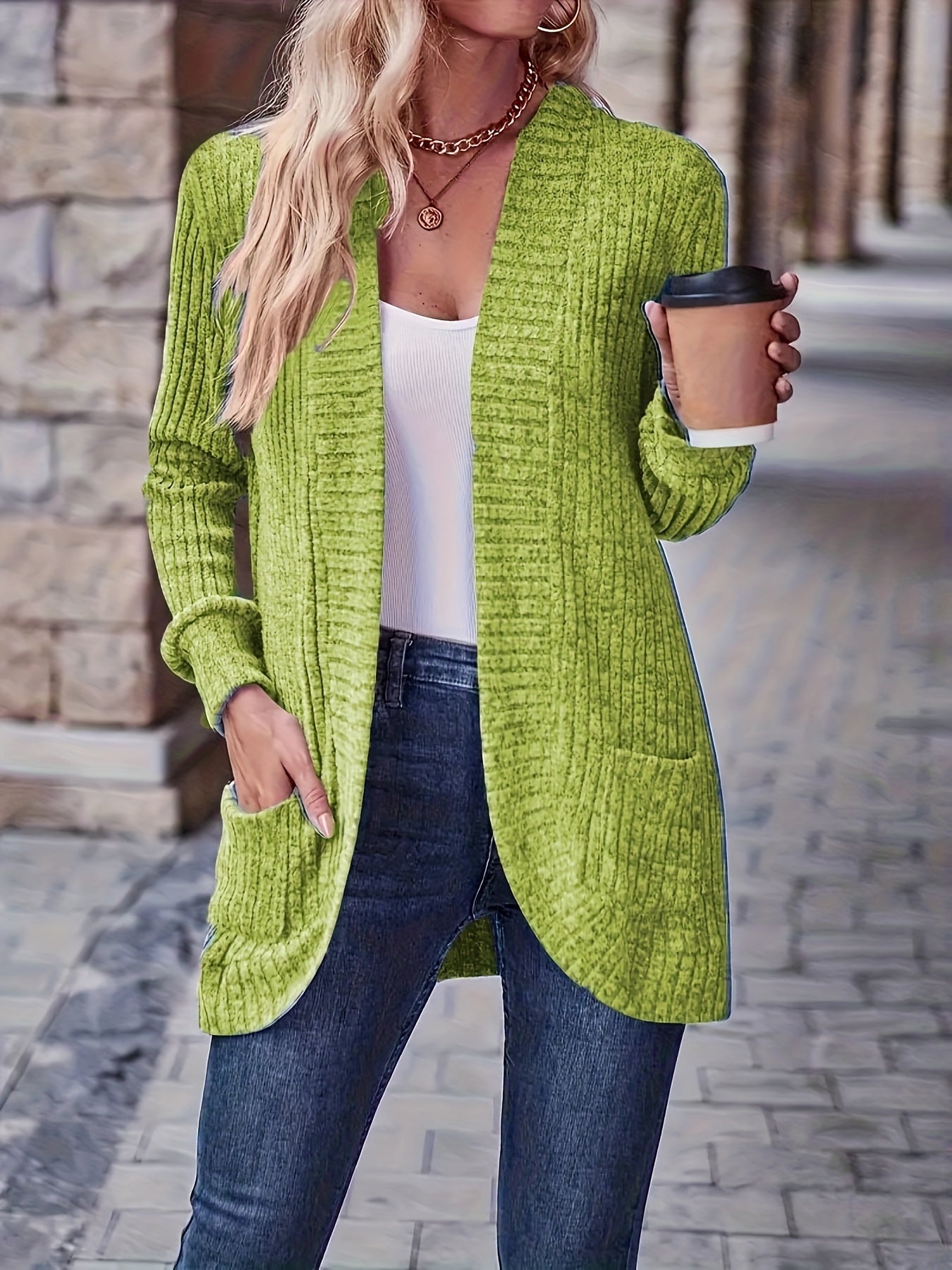 Solid Color Open Front Cardigan, Versatile Long Sleeve Pockets Cardigan For Spring & Fall, Women's Clothing