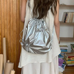 Ingvn  Elegant Silver Womens Backpack Pleated String Korean Style Fashion Small Backpack Designer Exquisite Daily New Female Bag