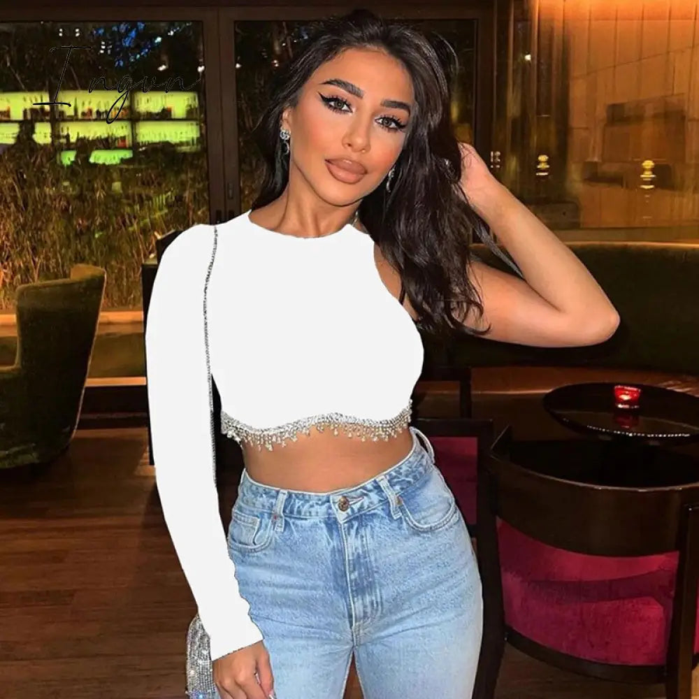 Ingvn - Loose Rhinestone Women Crop Top 2023 Spring Long Sleeve O-neck Tassel Hem Female T-shirt Casual Chic Streetwear Lady Tshirt