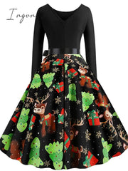 Ingvn - Women's Christmas Swing Dress Knee Length Dress Black Long Sleeve  Tree Bow Print Fall Winter Round Neck Vintage  Party 2021 S M L XL XXL