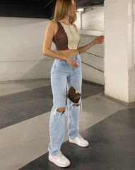 Voguable  Womens Loose Fit Jeans  Ripped Wide Leg For Women High Waist Blue Wash Casual Cotton Denim Trousers Summer Baggy Jean Pants