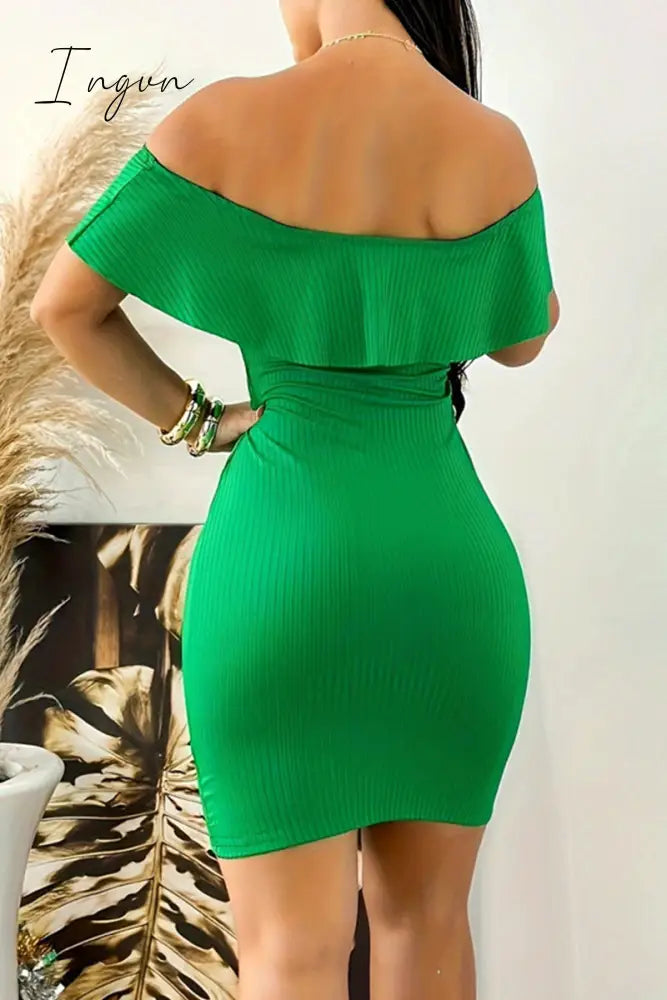 Ingvn - Celebrities Elegant Solid Flounce Off the Shoulder Wrapped Skirt Dresses