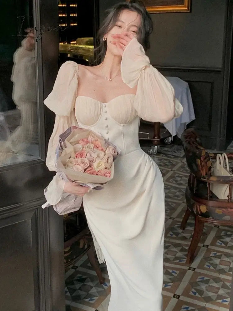 Ingvn - Summer Autumn New Women Fashion Elegant Puff-Sleeve Midi Corset Dresses Evening Prom Female Party Lady Clothes Vestdios