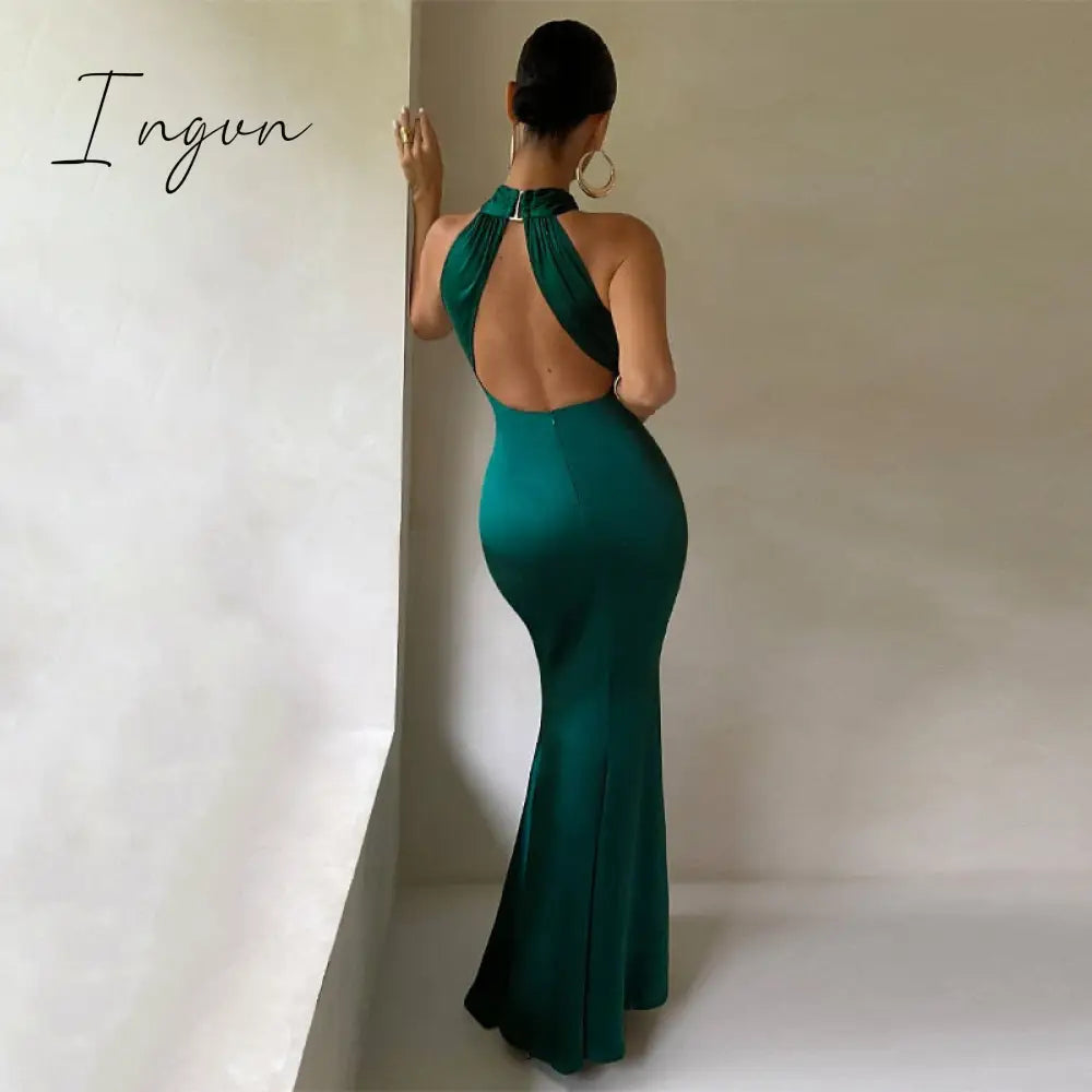 Ingvn - Sexy Satin Sleeveless Backless Elegant Party Maxi Dresses Women Summer Off Shoulder Bodycon Black Long Dress Formal Female