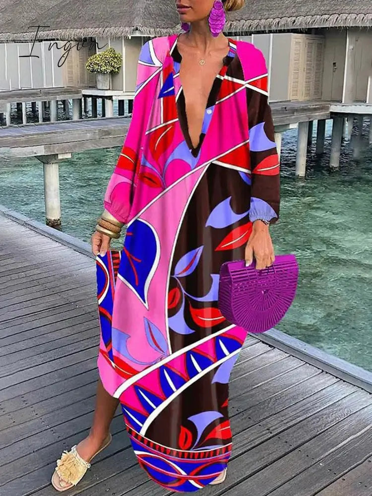Ingvn - V-neck Casual Loose Floral Print Long Sleeve Maxi Dress