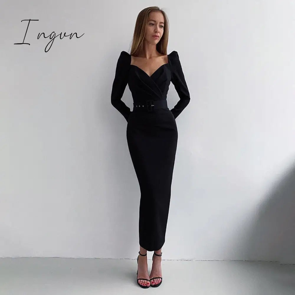 Ingvn - InstaHot Elegant Party Women Dress Slim V Neck Long Sleeve Mid Calf Pencil Dress Casual Office Lady Solid Red Puff Sleeve