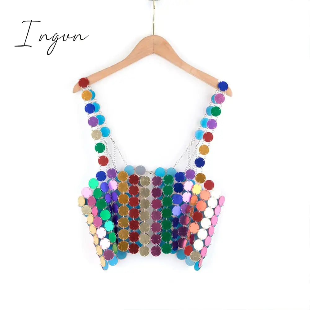Ingvn - Leqoel Women Sequined Tank Tops for Women Fashion Female Clothing Shiny Metal Shoulder Strap Sexy Backless Mesh Crop Top