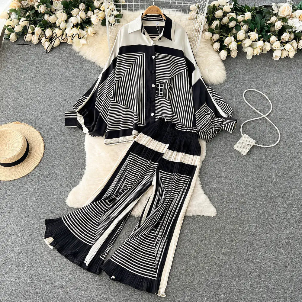 Ingvn - Women's Dress Spring Retro Print Casual Set Design Batwing Sleeve Single Breasted Blouse+High Waist Long Pants Two Piece Suits
