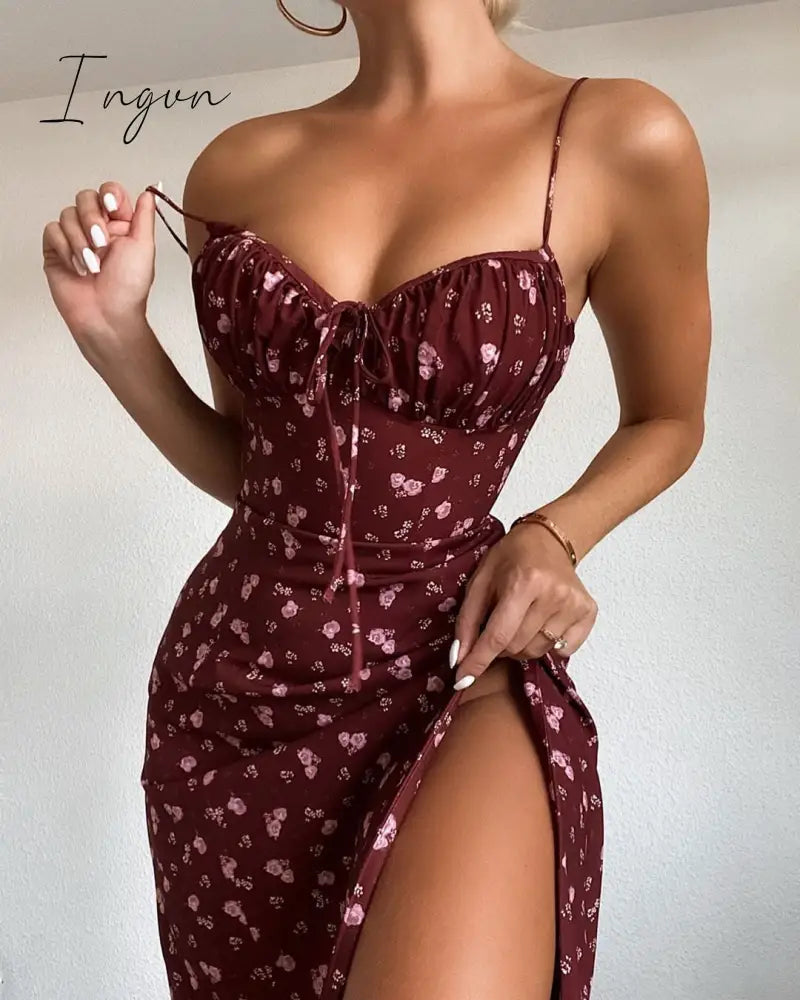 Ingvn - Vintage Solid Button Midi Dress Sexy Party Club Bodycon Strapless High Split Dresses Women Spring Autumn Casual Vestidos