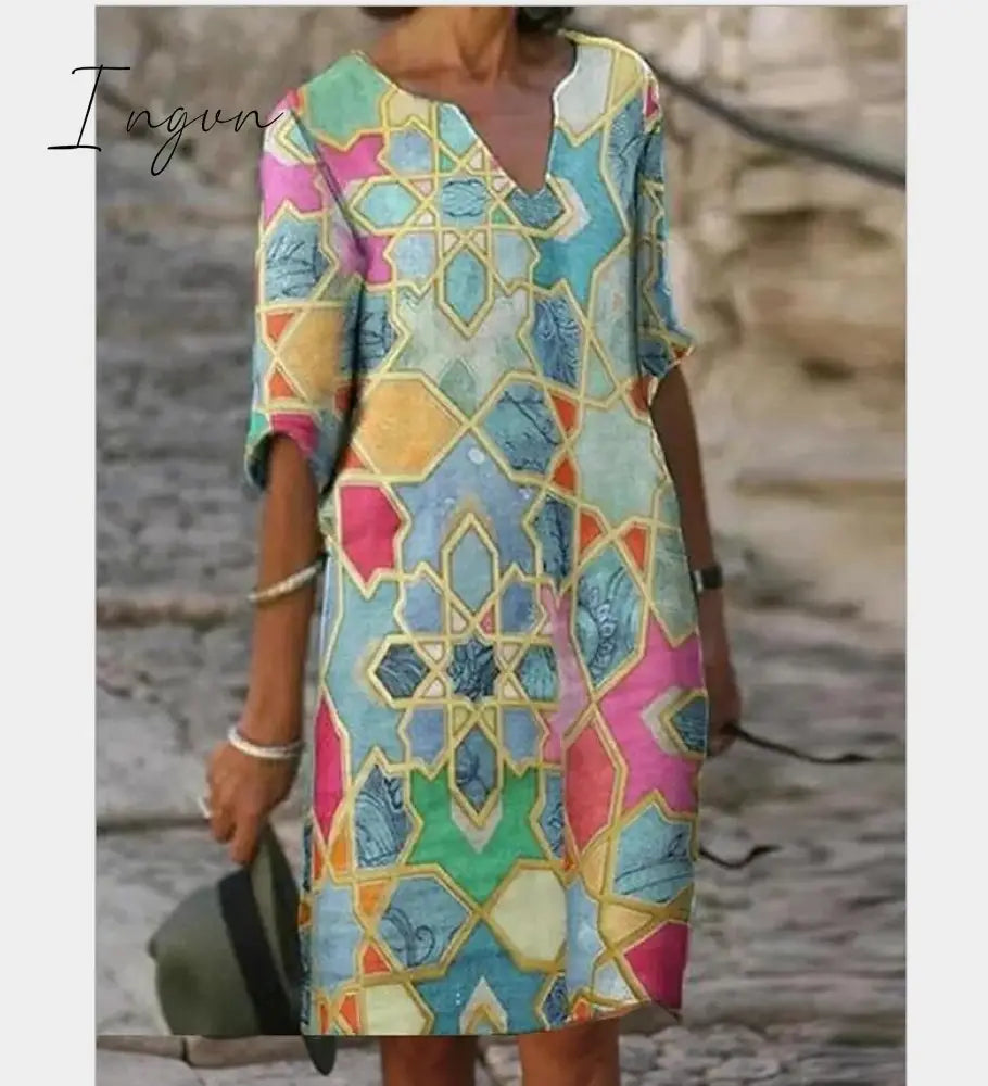 Ingvn - New Women Printing Dress Summer V-Neck Half Sleeve A-Line Dresses Female Retro litera Vintage Loose Dress Vestidos