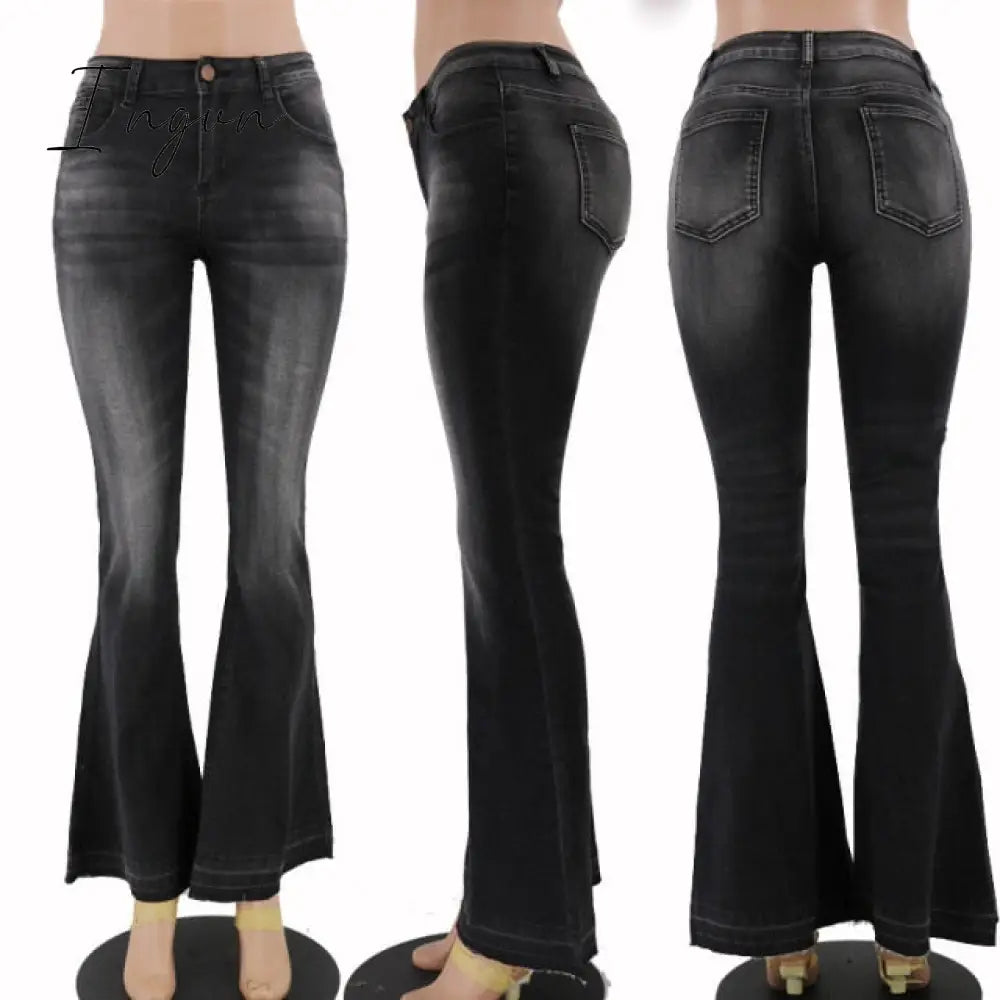 Ingvn - Autumn Black Flared Jeans Women Casual Vintage Skinny Low Rise Bell Bottom Mom Jeans Korean Slim Denim Trousers Y2k Pants